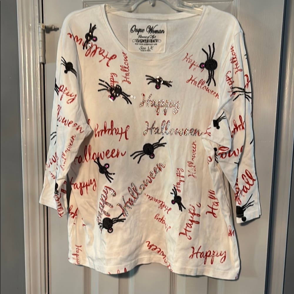 Onque Woman rhinestone sequined Happy Halloween top with black widow spiders
